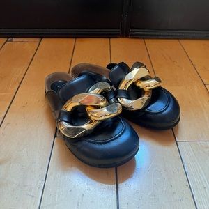 JW ANDERSON Black Leather Slipper Mules with Gold Chain